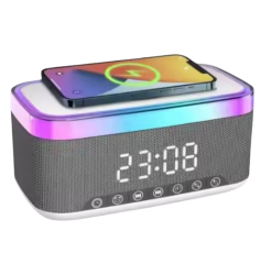 Çok Fonksiyonlu Dijital Alarm Saati | Kablosuz Şarj | Bluetooth Hoparlör | FM Radyo