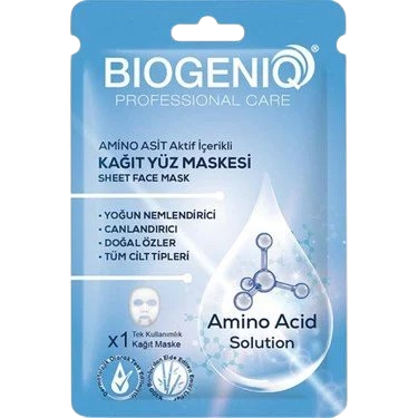 BIOGENIQ Amino Acid Solution Tek Kullanımlık Kağıt Yüz Maskesi – Yoğun Nem ve Canlılık İçin